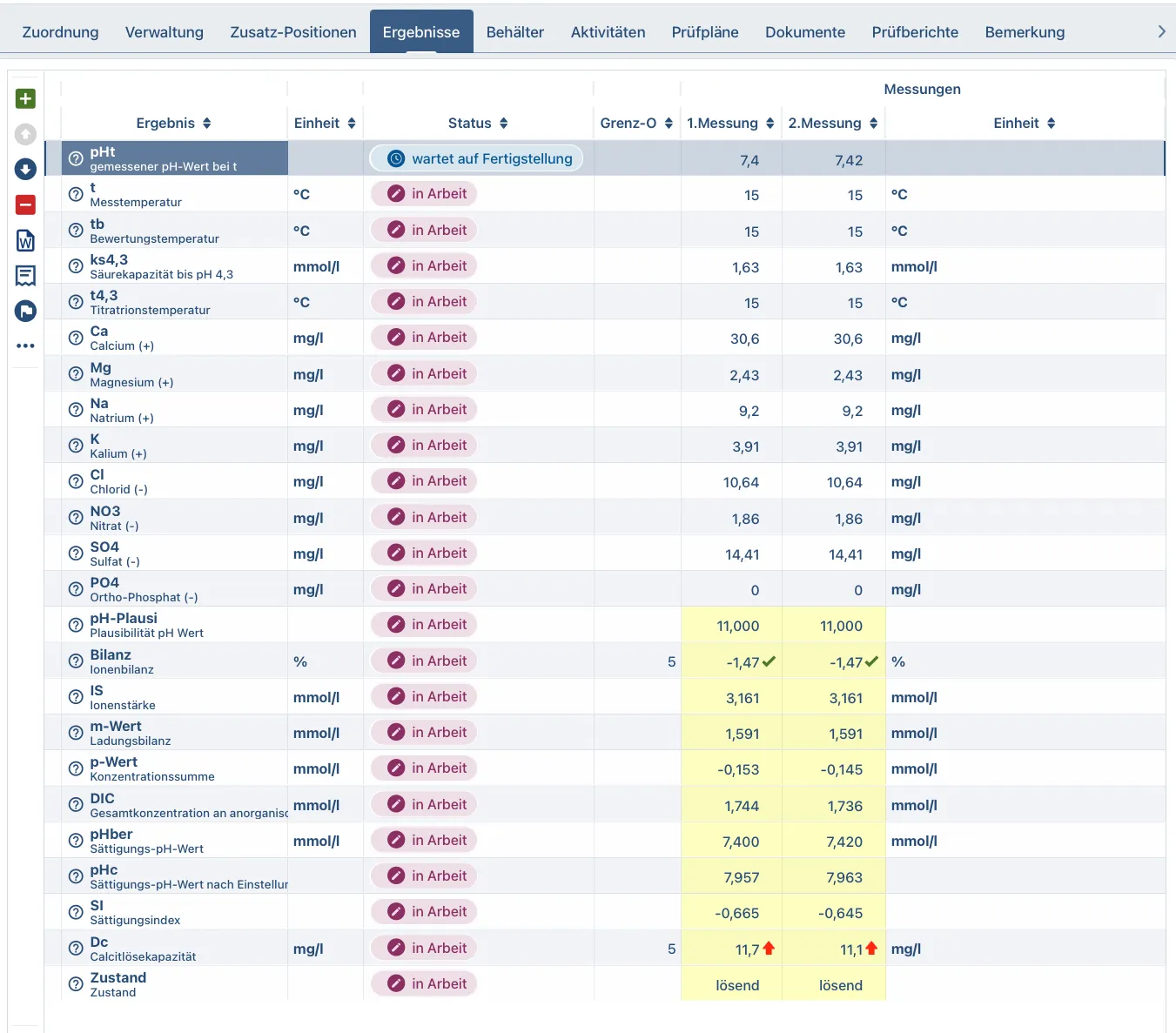 Berechnung der Calcitlösekapazität in diaLIMS (Screenshot)