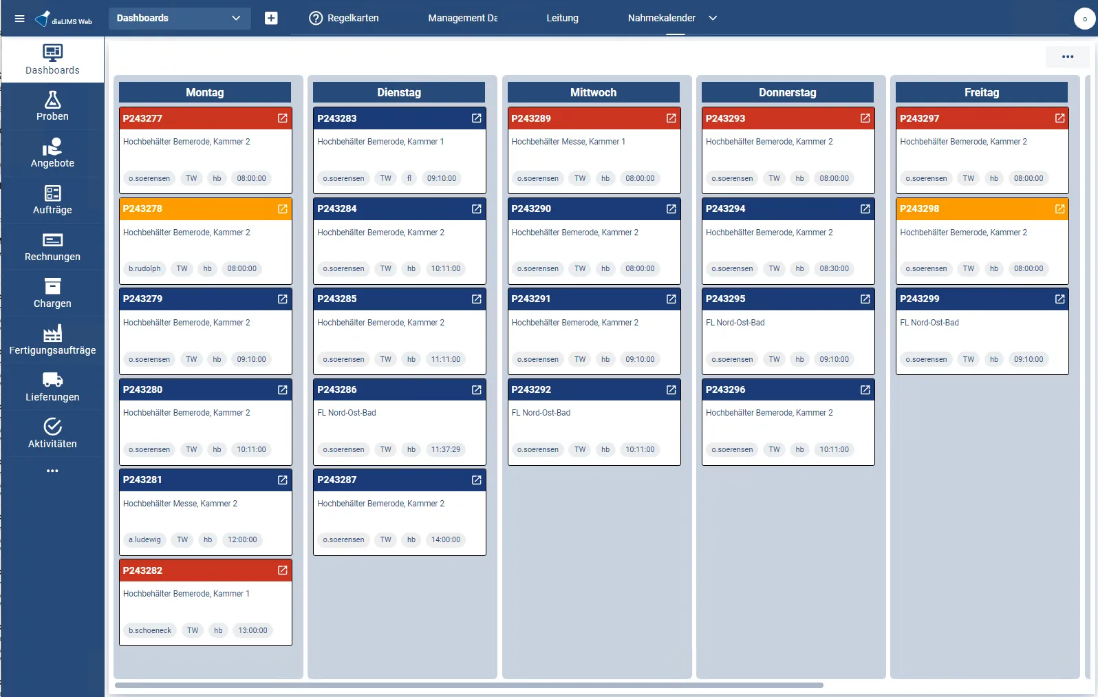 Kanban-Board-Widget mit Probenahmekalender im diaLIMS Dashboard