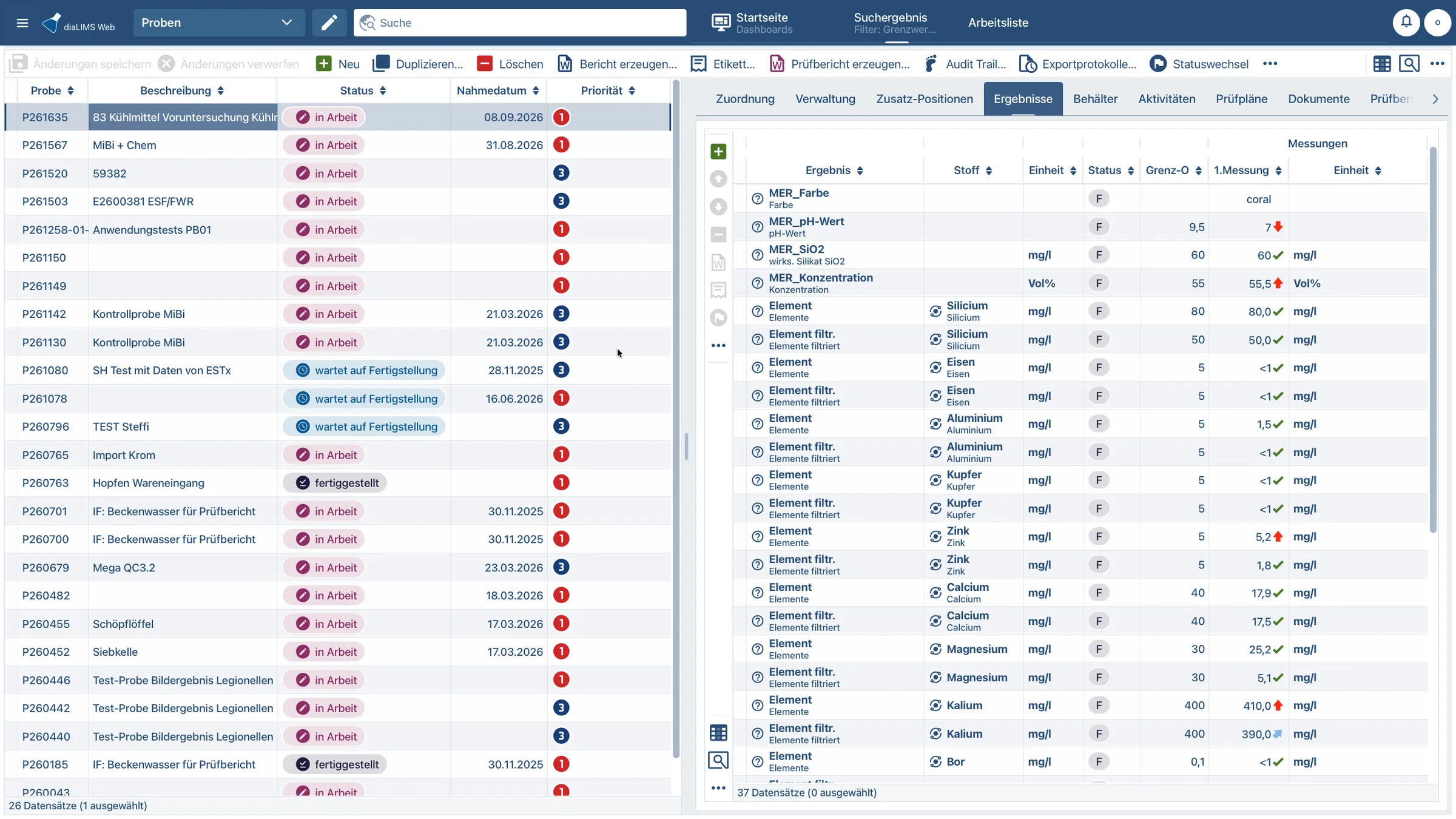 Ergebniserfassung als Kreuztabelle in der diaLIMS Web App: Proben in Zeilen, Parameter in Spalten