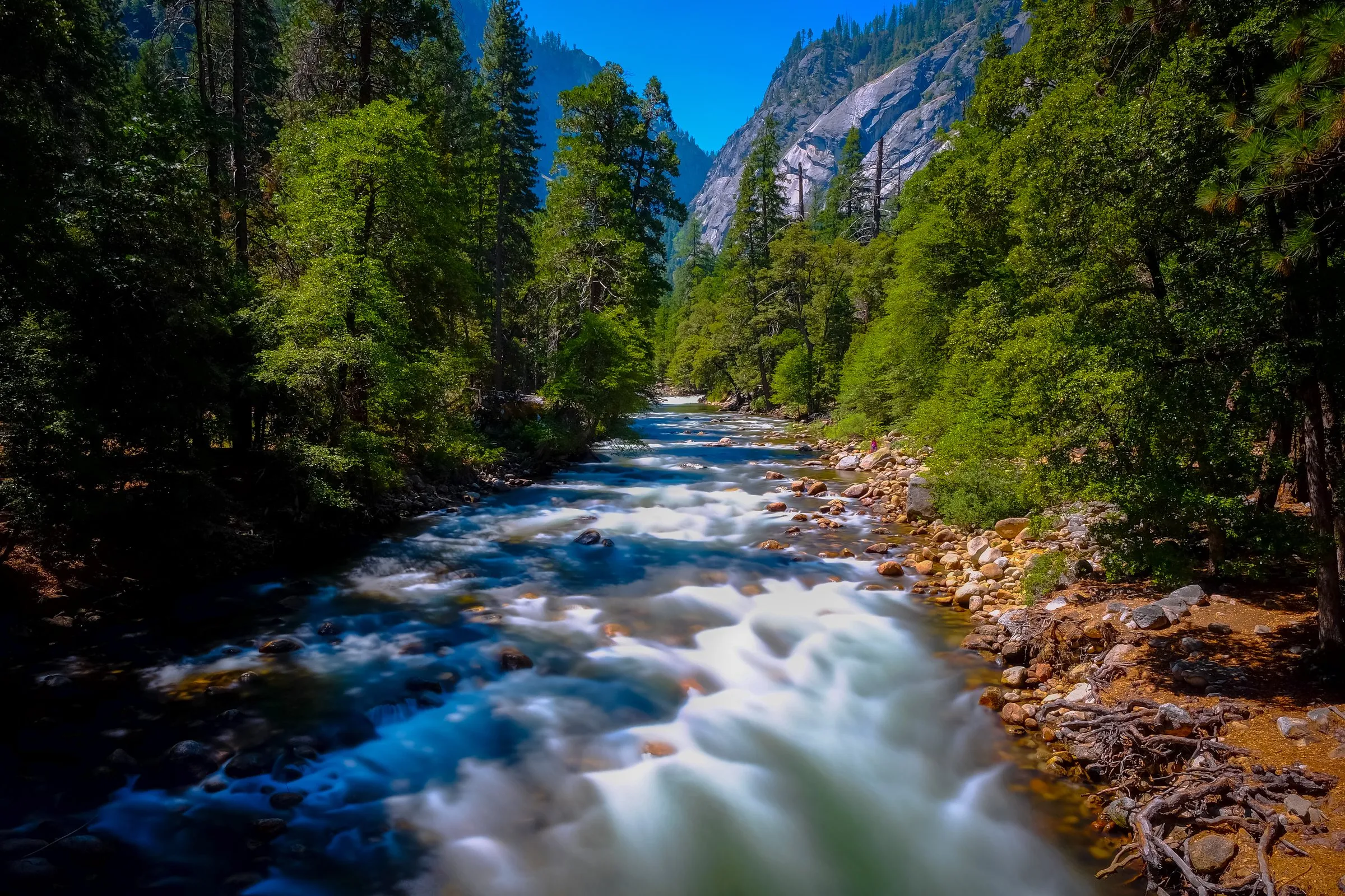 Klarer Gebirgsfluss zwischen Nadelwäldern und Granitfelsen
