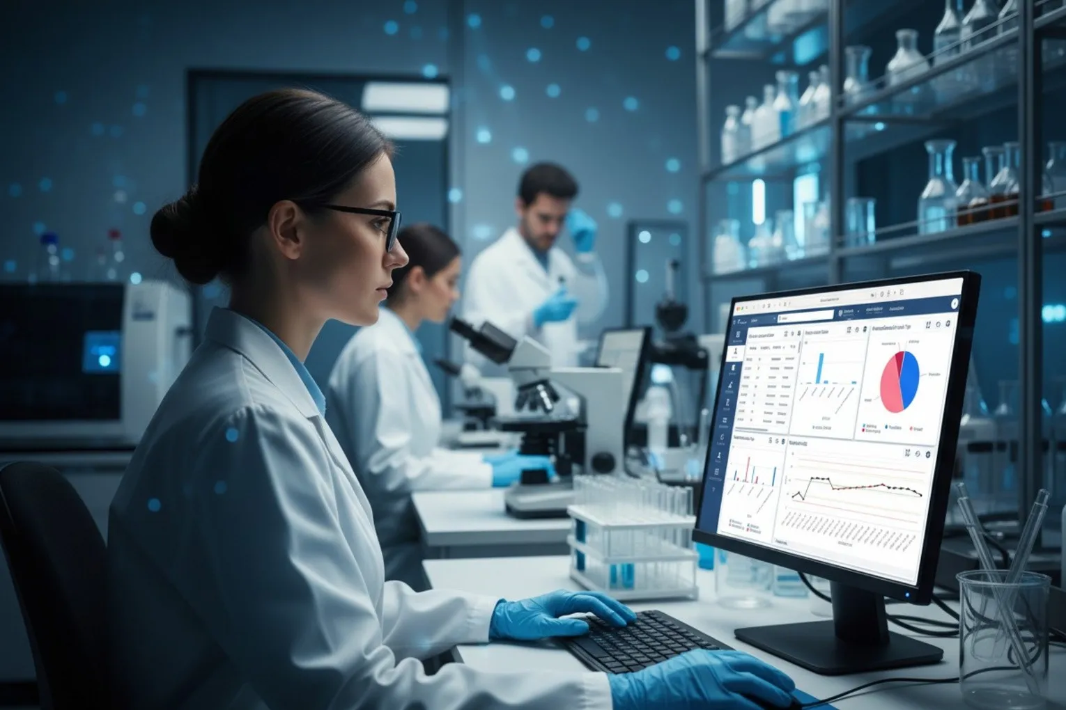 Laborantin arbeitet mit der Laborsoftware diaLIMS