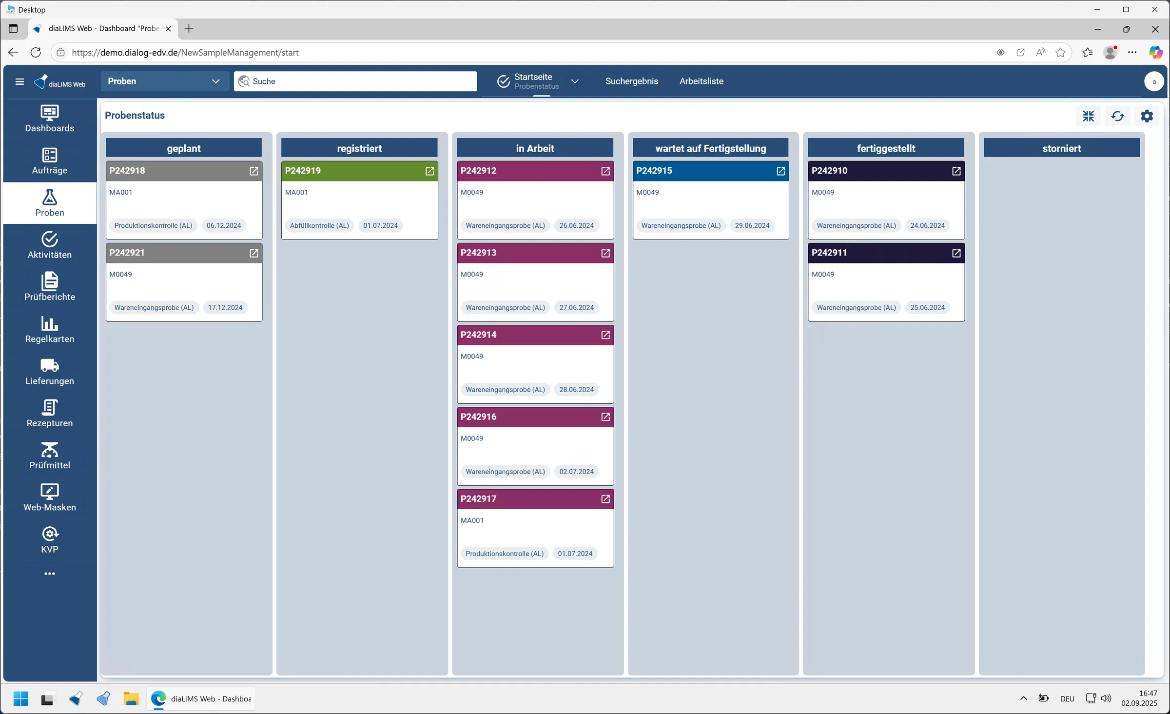 Kanban-Board in der diaLIMS Web App: Proben nach Bearbeitungsstatus von geplant bis fertiggestellt