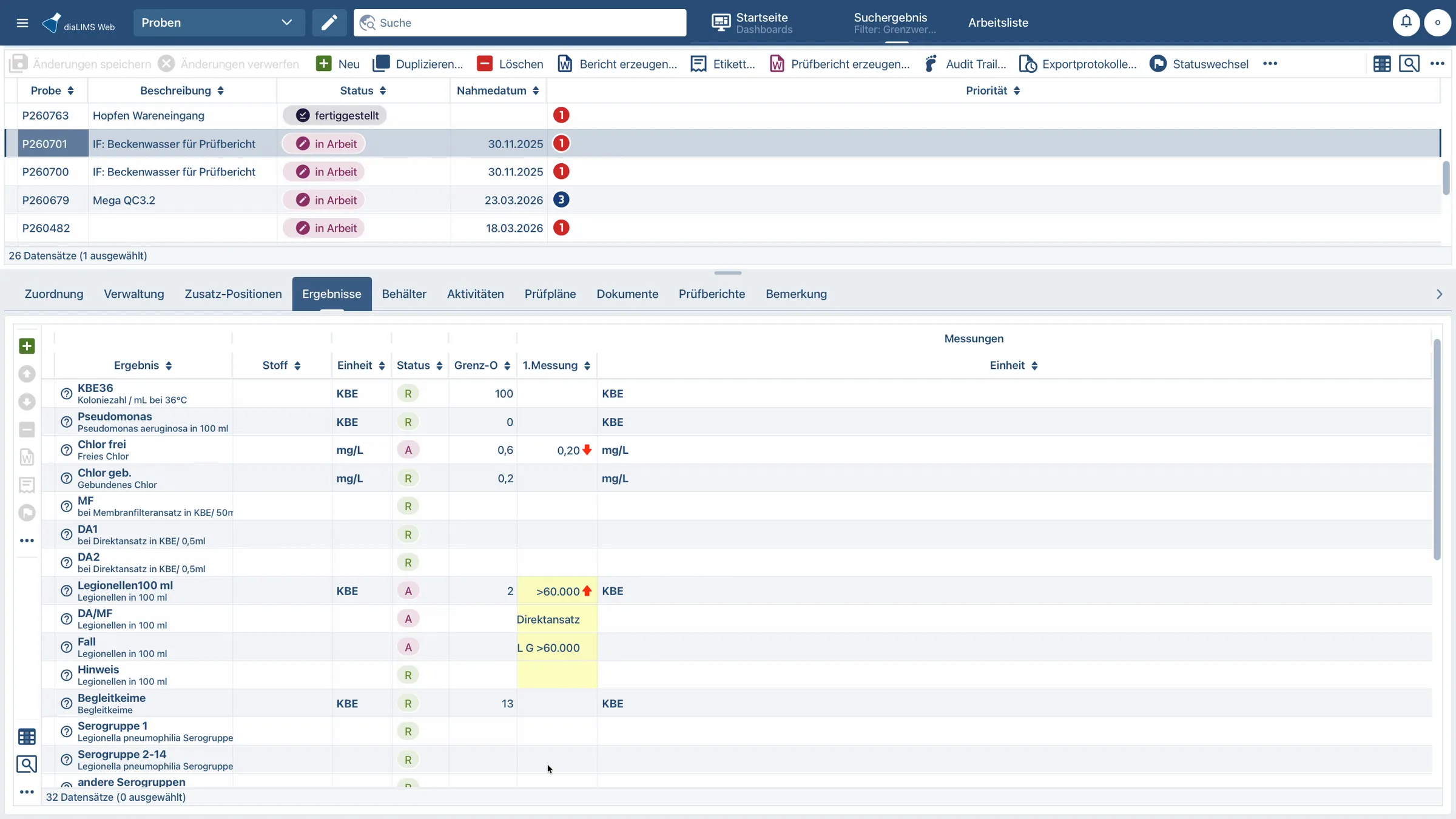 Probenliste mit Ergebnissen in der diaLIMS Web App