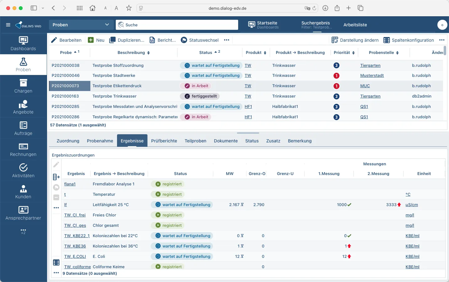 Probenliste mit Status und Ergebnissen in der diaLIMS Web App im Browser