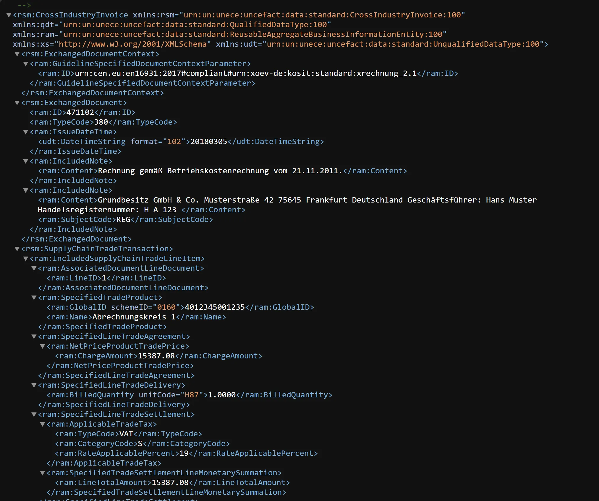 Ausschnitt einer XRechnung im XML-Format (CII-Syntax), im Browser angezeigt